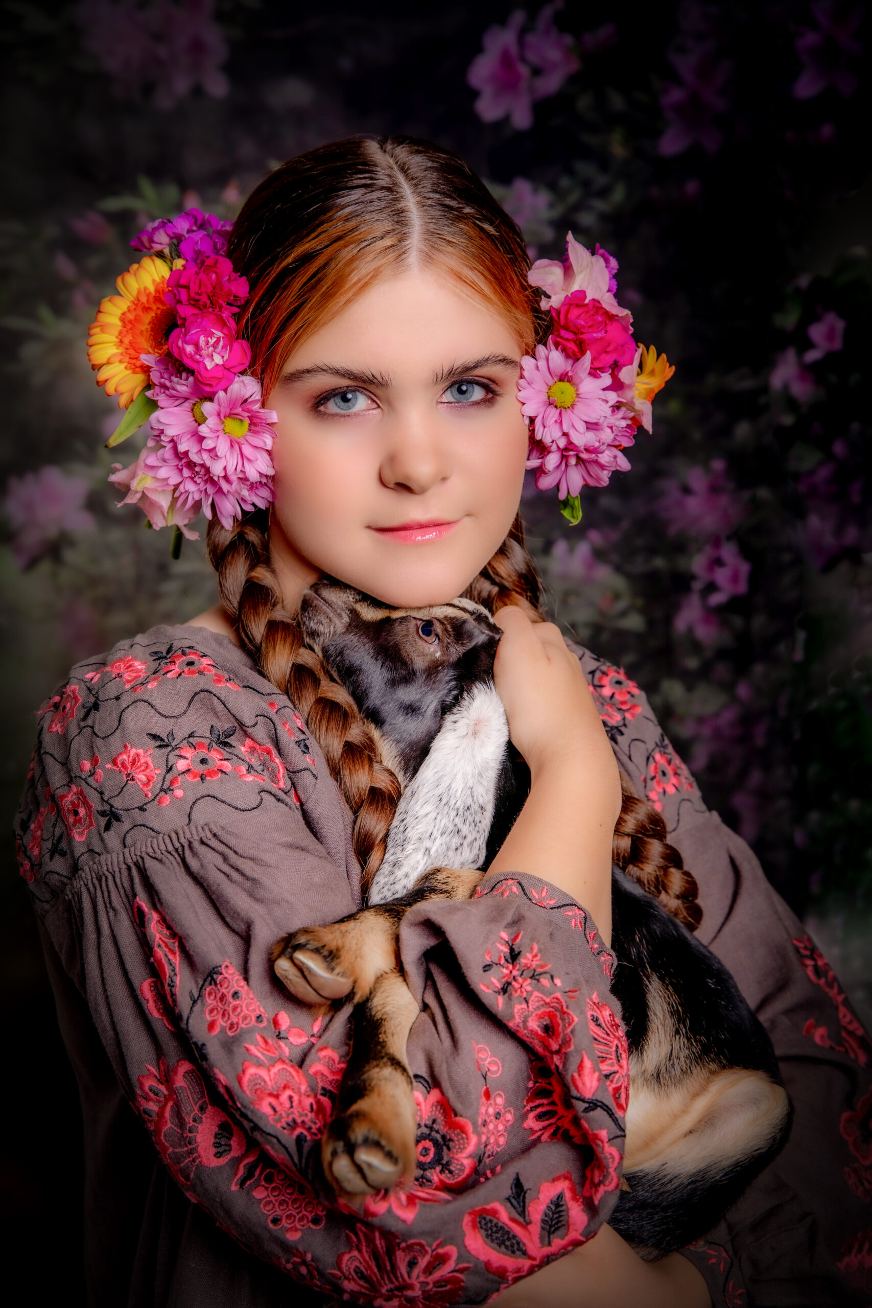 Girl, portrait, goat, flower, flowers, animal, beauty,